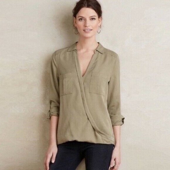 Anthropologie Army Green Faux Wrap Top Blouse Size 0 Holding Horses Olive Boho - Picture 2 of 9